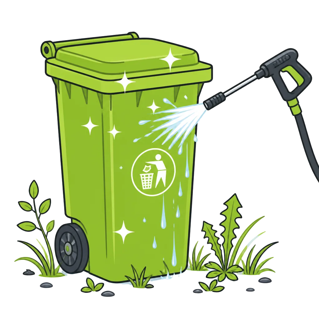 A shiny green trash bin being washed clean, surrounded by weeds and grass